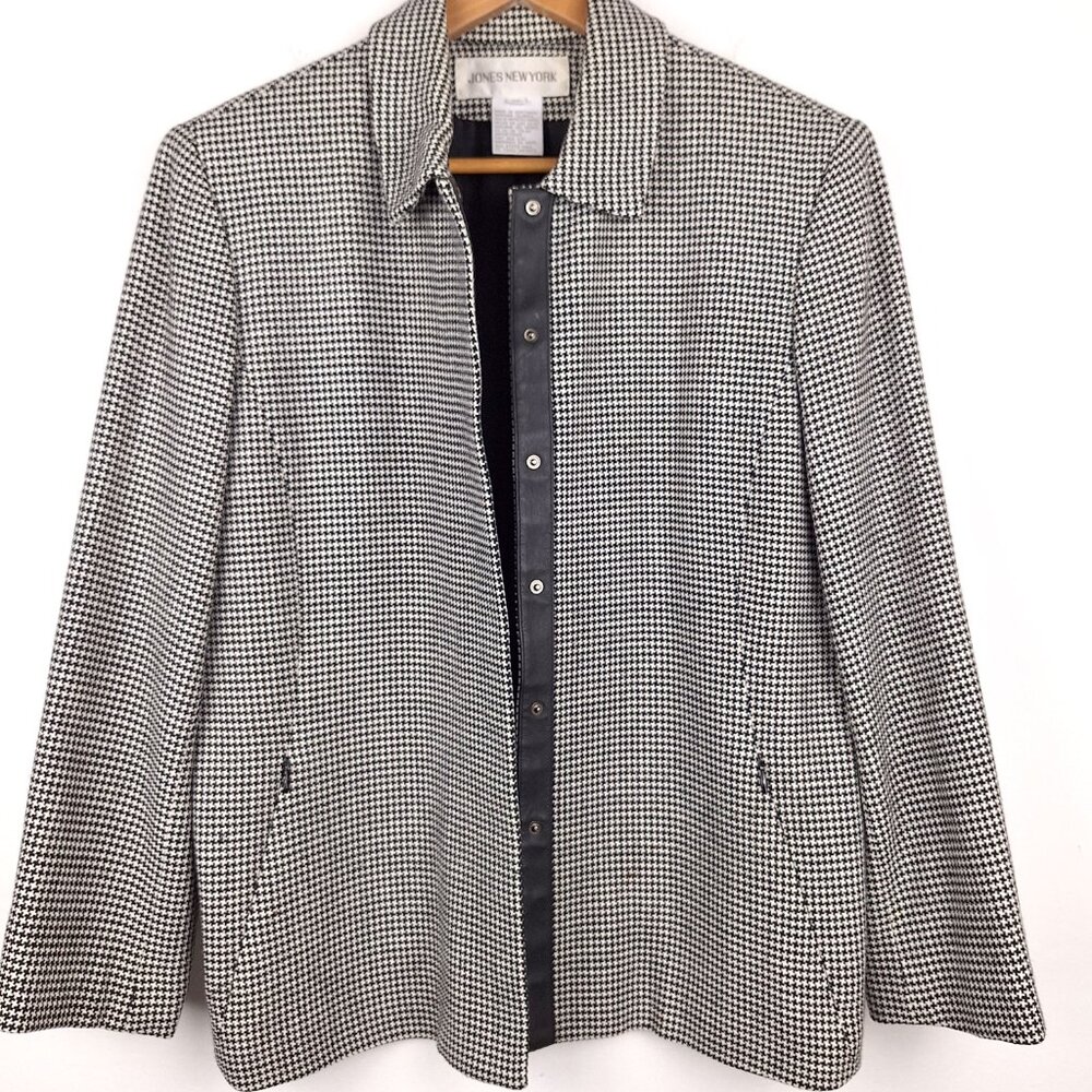 Jones NY Houndstooth Blazer Jacket Size 12 Black White Lagenlook Old Money Tweed